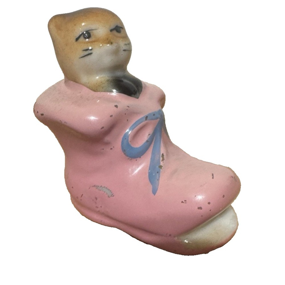 Vintage Cat Figurine Tiny Kitty Sitting In Pink Shoe With Blue Bow Sweet Face